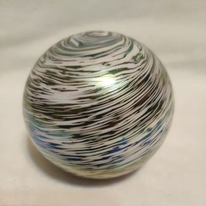Balos Art Glass Blue Opalescent White Swirled Paperweight Colorful VTG HTF